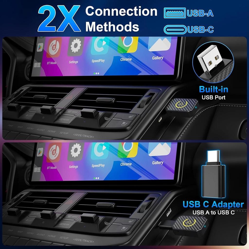 Wireless CarPlay Adapter 2in1 iPhone Android Auto USB Dongle Convert Wired to Wireless Bluetooth Car Stereo Receiver