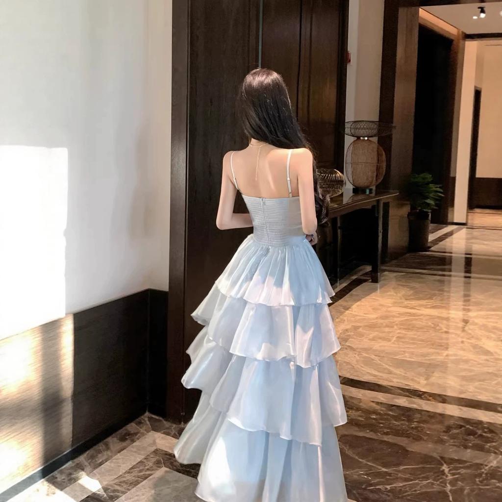 Beautiful blue suspender evening dress female banquet fairy temperament light luxury student day bar mitzvah party art test princess dress