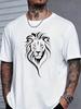 Men's Minimalist Lion Head Pattern Print Casual T Shirt, Breathable Round Neck Short Sleeve Street Style Tee, Black And White Animal Art Summer, Comfo
