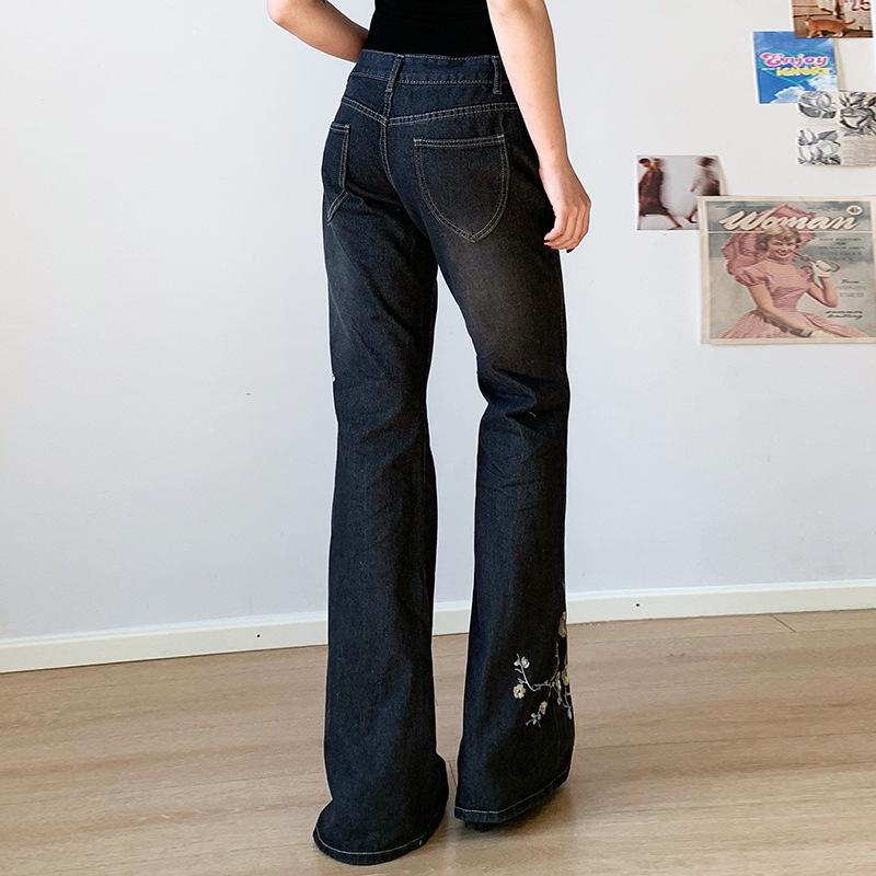 Women's Retro Low-Waist Flared Jeans with Floral Embroidery