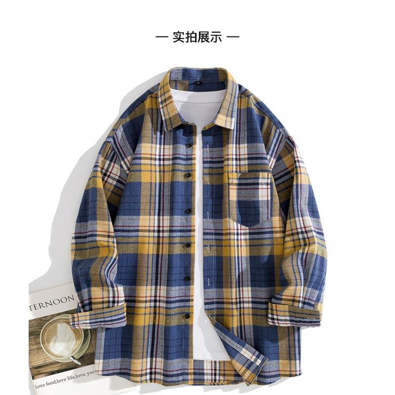 Men Casual Loose Long Sleeve Plaid Hong Kong Style Shirt