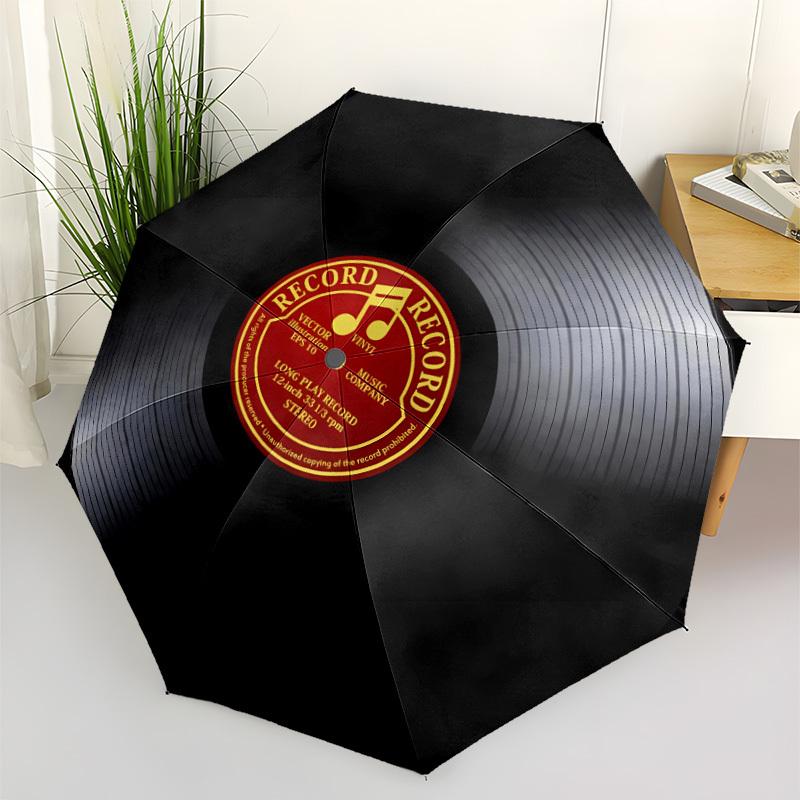 Music Record Design Automatic Umbrella with Self-Opening/Closing & Folding Mechanism - Vintage Vinyl Record Style, 8-Rib Sturd (as the picture,Iron&8K)