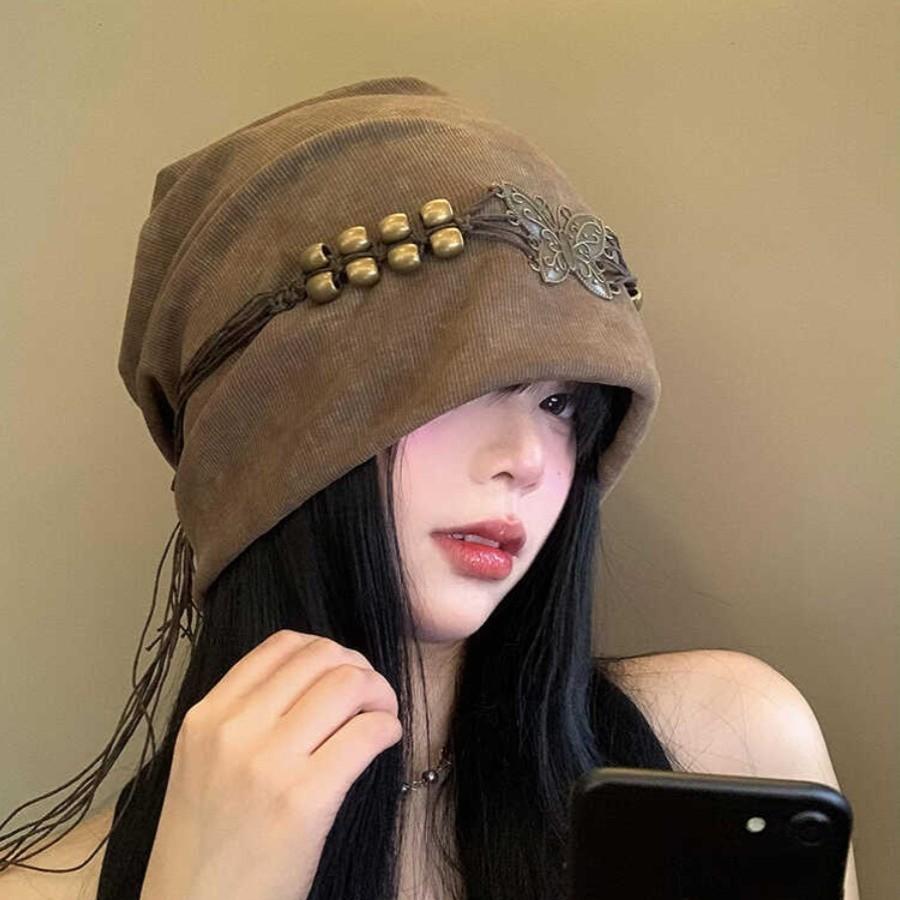 Autumn and Winter American Retro Pile Hat Tassel Butterfly Bag Head Hat Big Head Circumference Showing Face Small Hat Women's Versatile Cold Hat