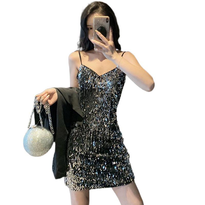 Sequin Camisole Dress with Coat - Women's Autumn/Winter Hip-Wrapping Black Evening Dress