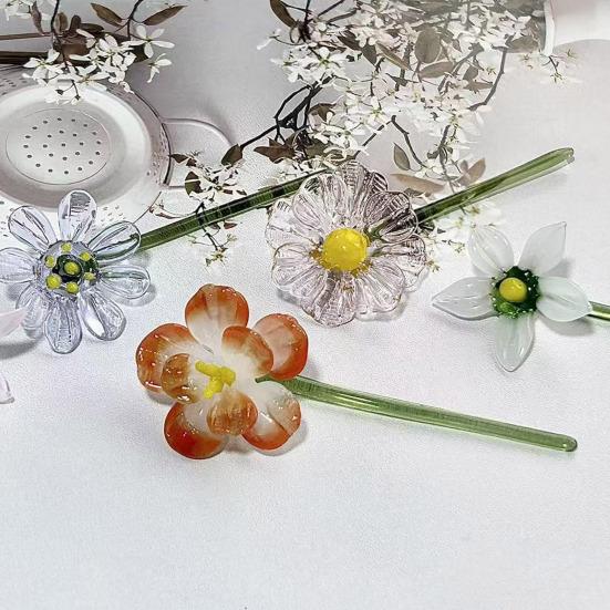 Handmade Glass Flower Decoration with Stem Hand-Blown Mini Floral Plants Figurine Home Living Room Office Table Flower Vase Ornament