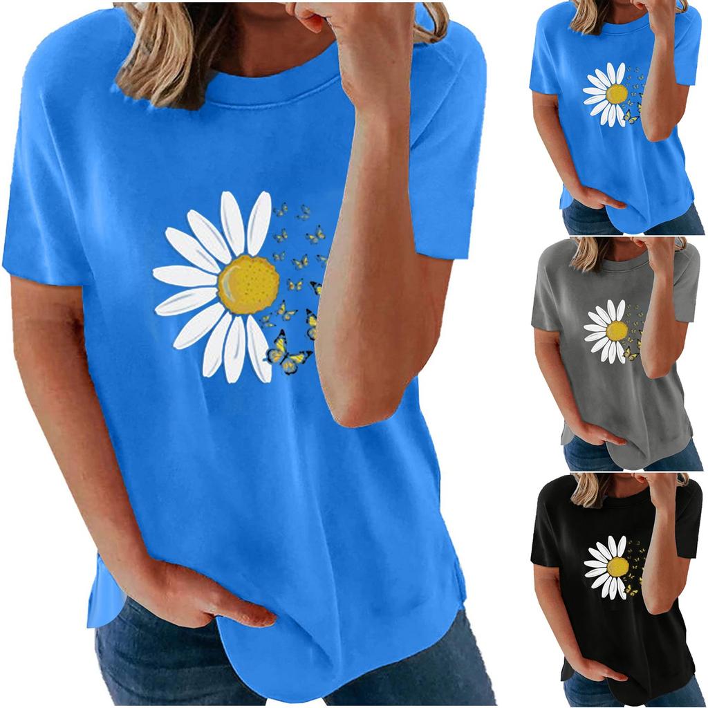 Adult Fashion Woman Round Neck Short Sleeve Tops T-Shirt Prints Loose Short