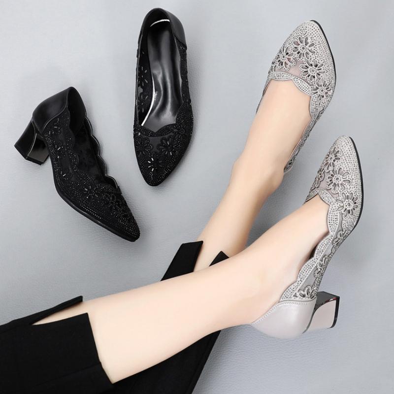  Woman Spring Summer Fashion Hollow Genuine Leather Pumps Women Shoes Heels Square Heel Mesh Ladies Office Shoes Crystal
