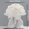 White PE Rose Bridal Bouquet, Artificial Hand Flower with Heart Rhinestone, Satin Ribbon, Bride Wedding Photography Prop