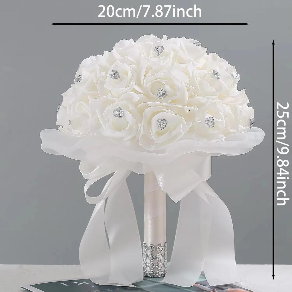 White PE Rose Bridal Bouquet, Artificial Hand Flower with Heart Rhinestone, Satin Ribbon, Bride Wedding Photography Prop