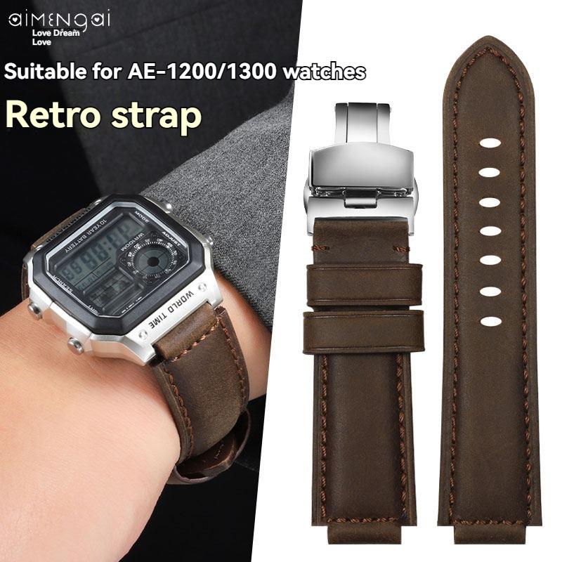Für Casio kleine quadratische Uhr AE1200/1300/1000 SGW-500H/W218 A159 A158 A168 retro mattiertes Rindslederarmband echtes Lederarmband