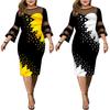 Lady Petticoats Plus Size Women Dress Digital Print Mesh Patchwork Elegant Flare Sleeve Mid-Calf Bodycon Dress for Wedding