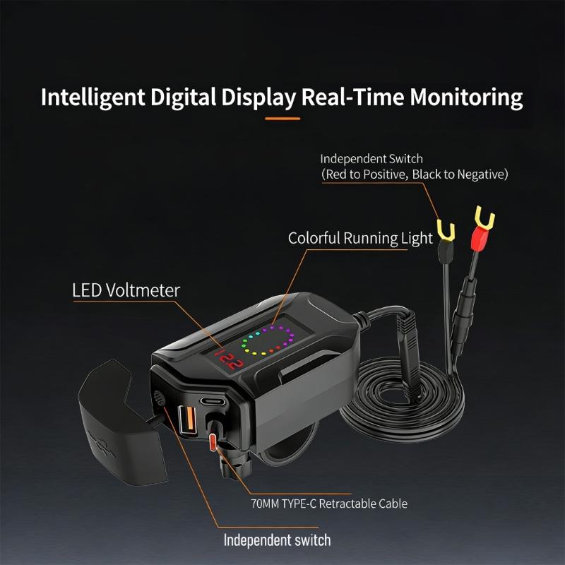 Waterproof Motorcycle USB Chargers With LED Voltage Display Fast Charge 30W Type C 18W USB A For Phones Tablet Camera