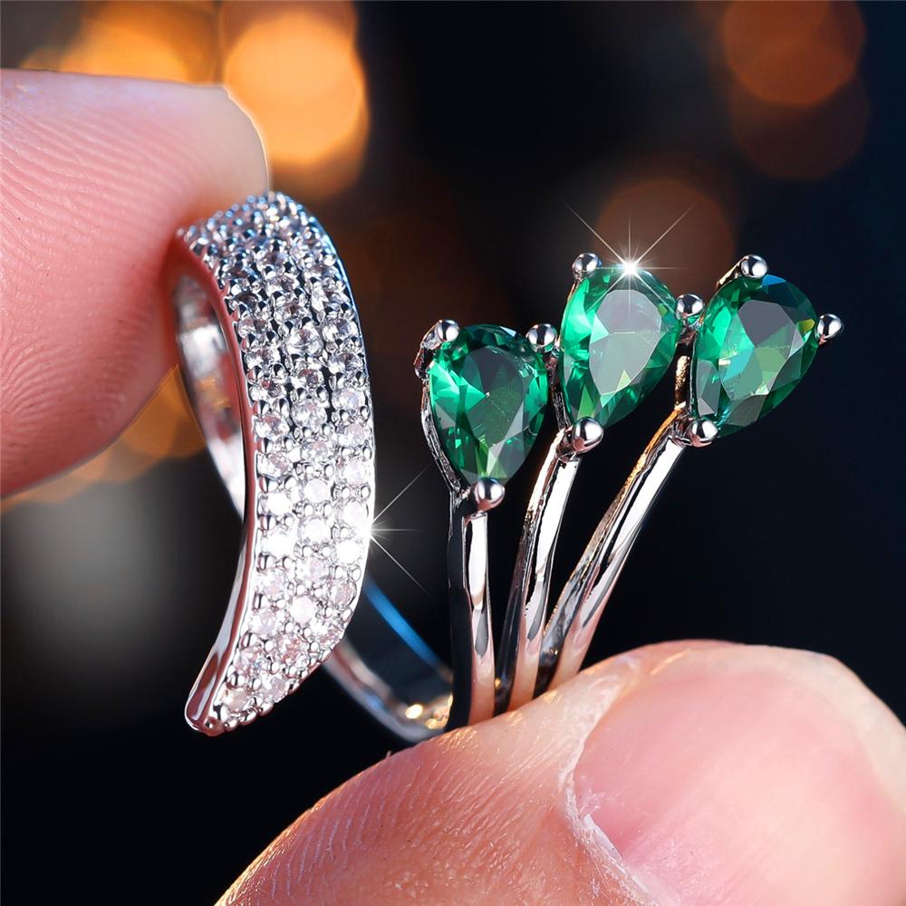 Charm Female White Green Crytal Adjustable Open Ring Gold Silver Color Cute Gift Wedding  For Women