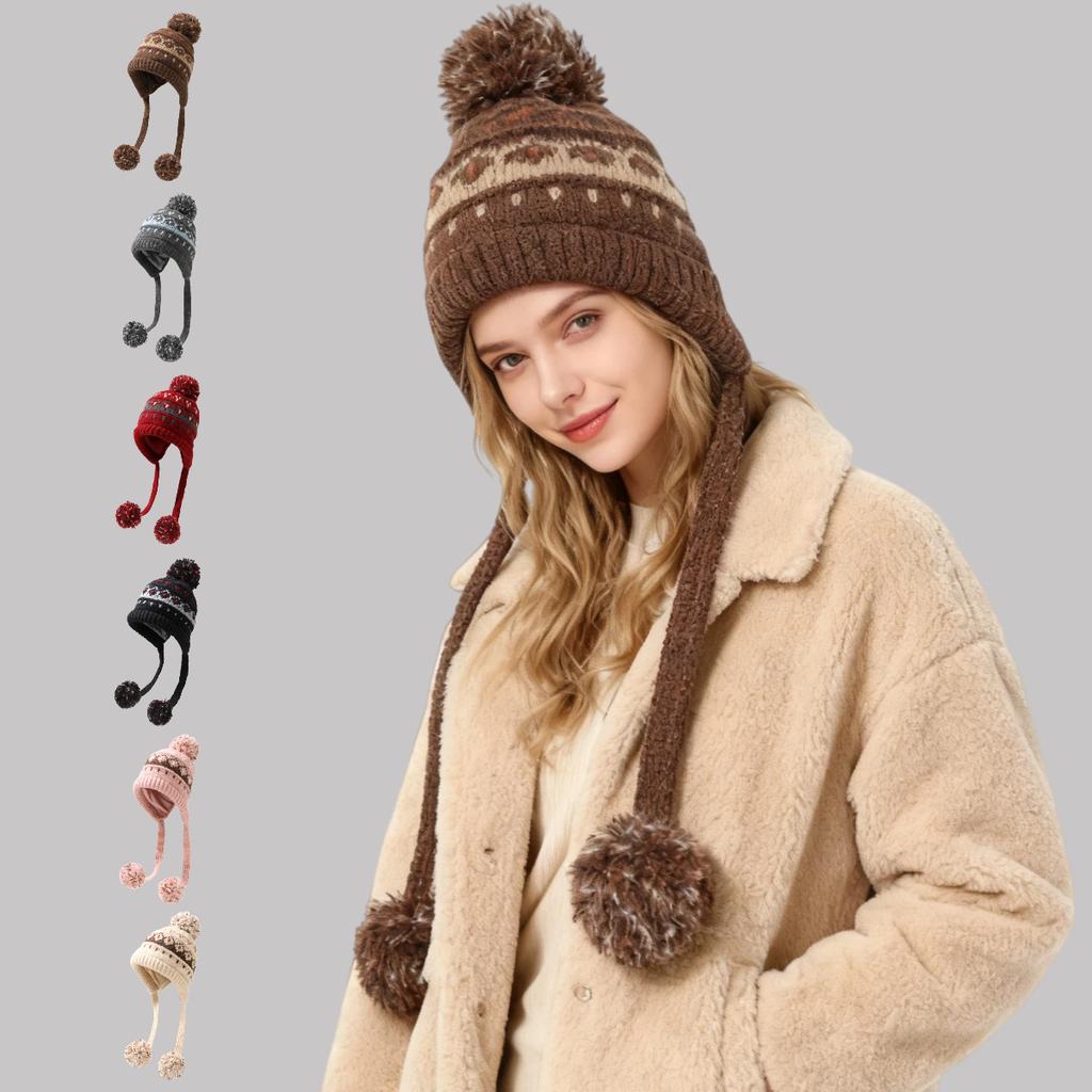 Women Casual Autumn Winter Thermal Cute Flower Pattern Windproof Knitted Warm Beanie Hat for Daily Use