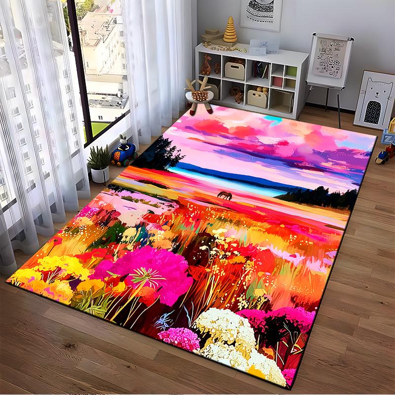 Colorful Nature Landscape Carpet with Sunset, Flowers, and Grazing Horse Suitable for use as an anti-slip for living room bedroom sofas