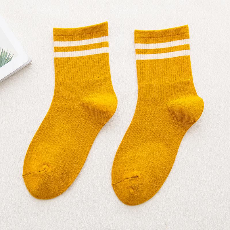 Japanese Style Women's Mid-Calf Cotton Socks - Double Stripe, Solid Color, Academy Style