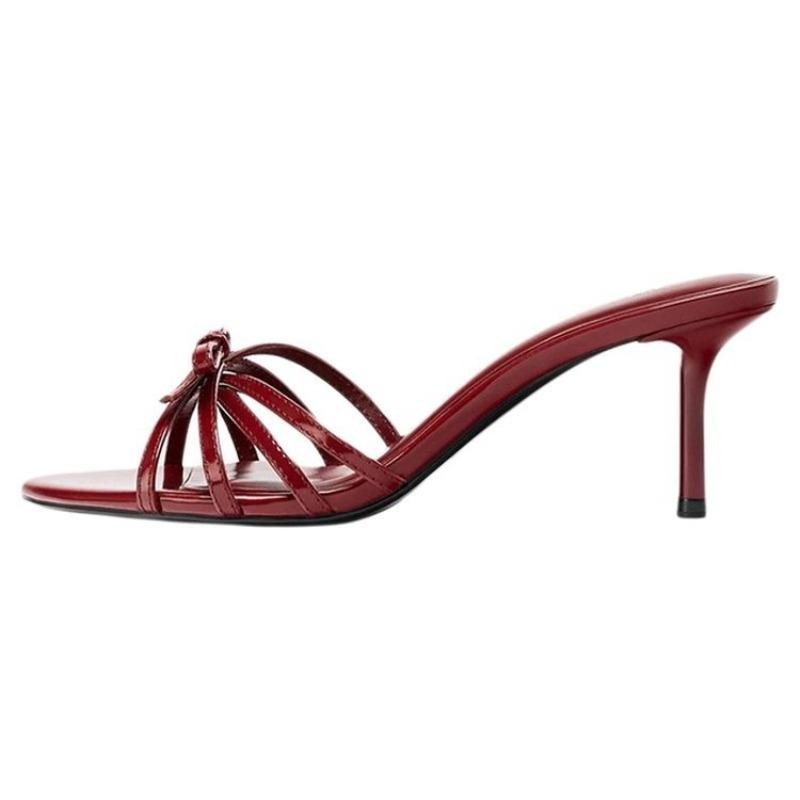 Summer New Fashion Butterfly Knot High Heel Sandals Sexy Red Patent Leather High Heel Slippers Open Toe Thin Heel Pumps Shoes
