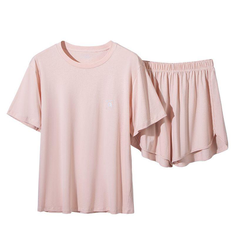 

Cool Lyocell Cotton Pajamas Women s Ice Silk Summer Thin round Neck Short Sleeve T-shirt Suit Casual Loose Pajamas Women Soft pink XL