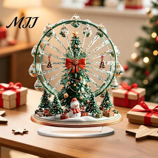 Ferris Wheel Display 2D Acrylic Christmas Tabletop Decoration, Festive Village Scene Ornament Playground Theme with Snowman & Trees, Holiday