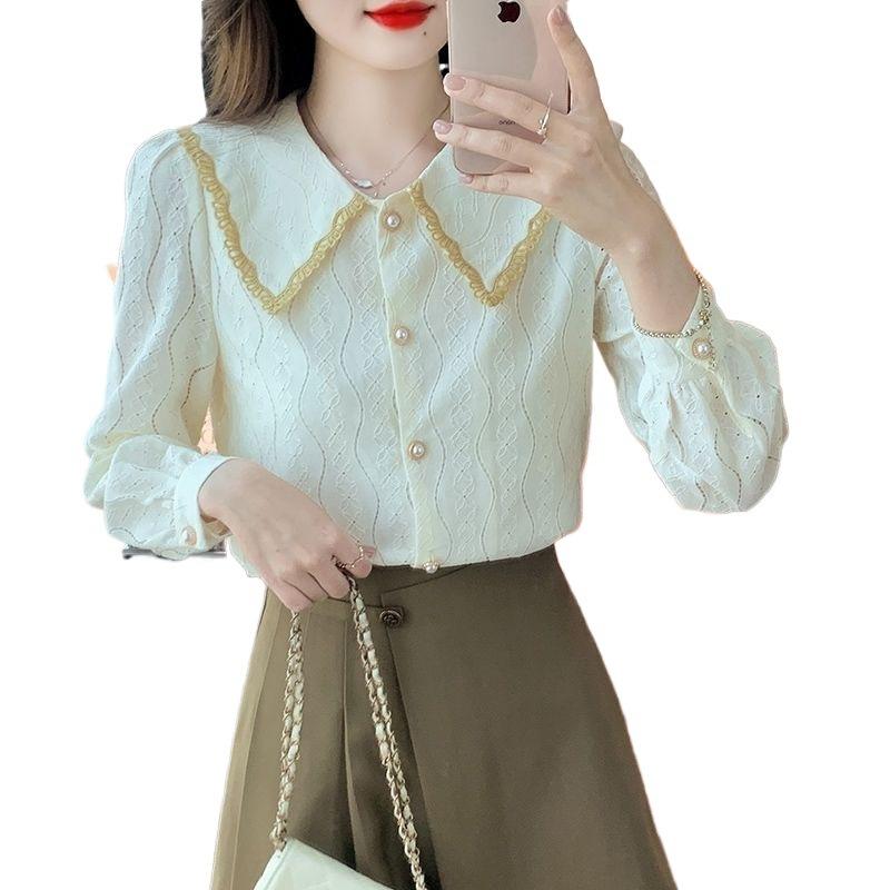 Doll Collar Chiffon Blouse for Women, New Spring and Autumn 2026 Fashionable and Stylish Lace Base Shirt