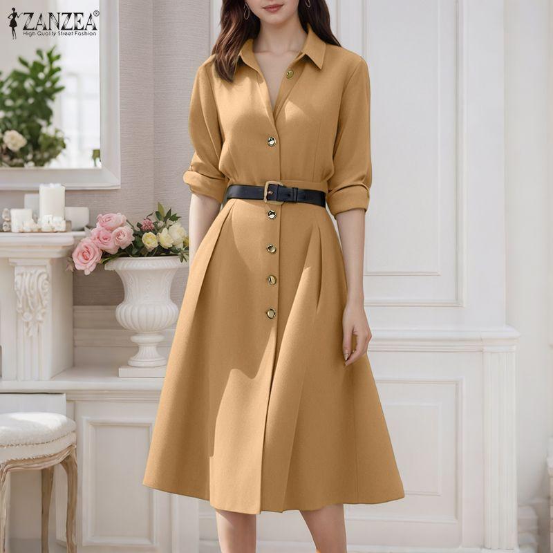 ZANZEA Women Casual Turn Down Collar Loose Long Sleeve Shirt Dress