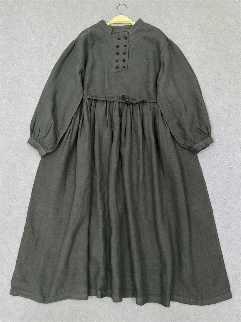 Johnature Spring Autumn Dress Retro Stand Collar Tie Long Sleeve Loose Simple Women Dresses