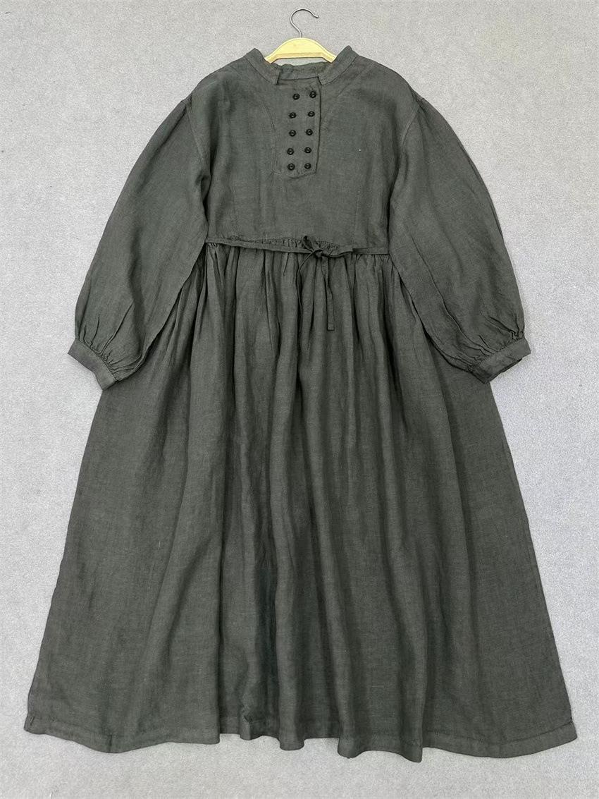 

Johnature Spring Autumn Dress Retro Stand Collar Tie Long Sleeve Loose Simple Women Dresses One Size чорний