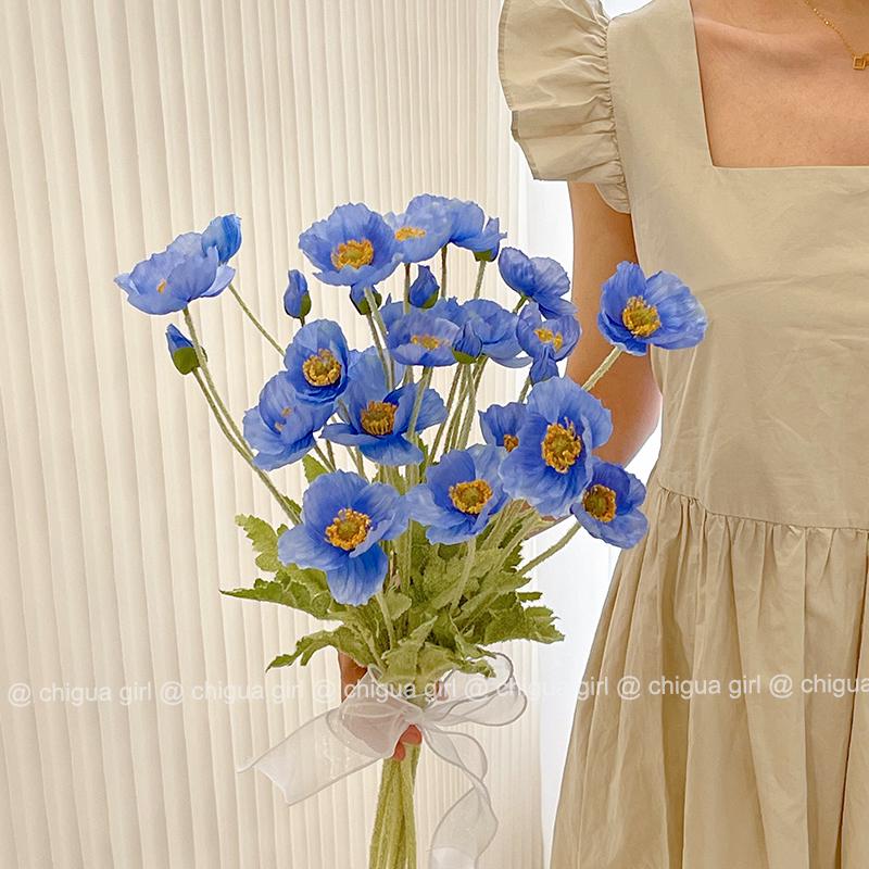 Blue Iceland Poppy Silk Flower Bouquet for Living Room Decoration