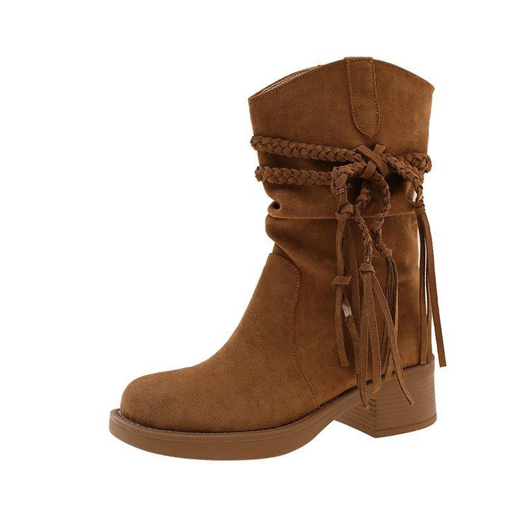 Kuskinnversjon~ retro ødemark frynsete ridestøvler tykk hæl men knelang støvler slank pile mellomhøye støvler kvinner