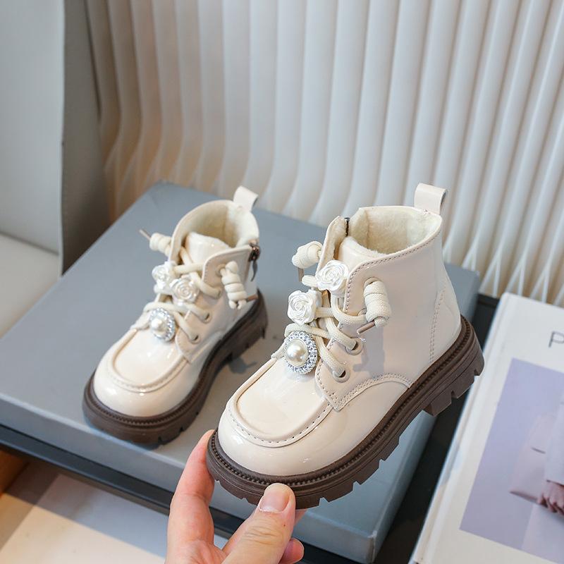 Dziewczęce aksamitne botki do kostki z cyrkoniami - Zapinane na zamek z boku, Jesień/Zima