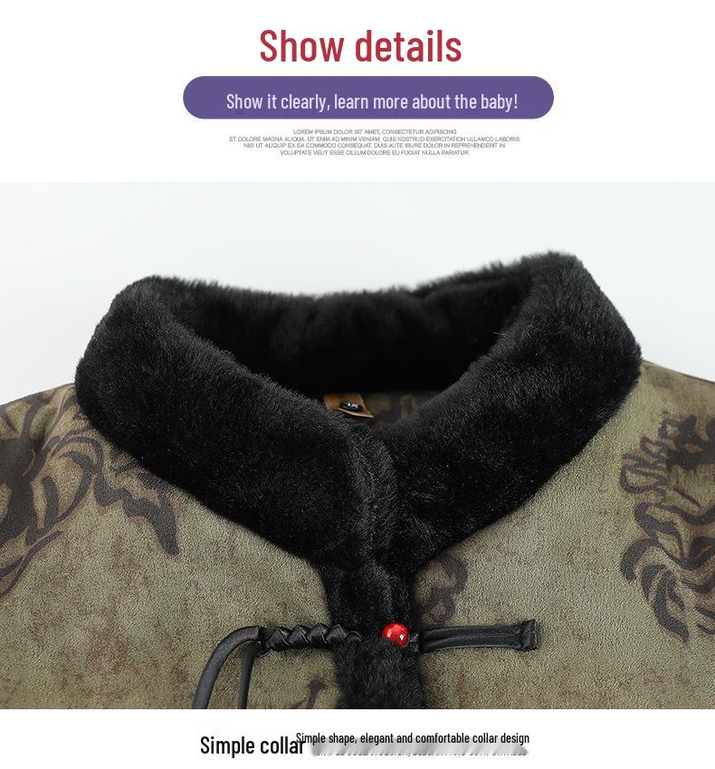 Printed Winter Plush-Lined Stand Collar Jacket for Middle-Aged & Elderly Women: Warm, Plus Size, Frog Button Cotton Coat