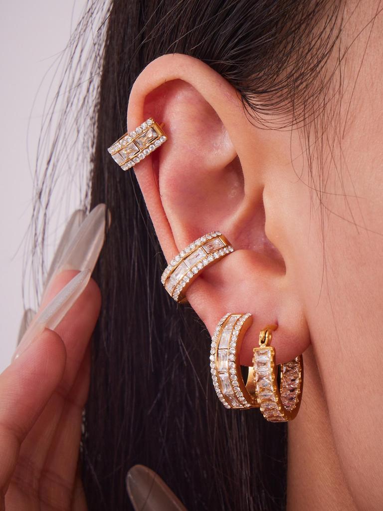 Oumaka Minimalist Zircon Earrings: Double-Sided Stainless Steel, 18K Gold-Plated