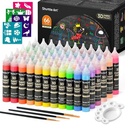 Shuttle Art Fabric Paint 3D 3D 66 Colors Set 30ml Cloth Enog Fabric Paint Metallic Color Washable Durable Comes with Paint Brush, Stencil and Palette