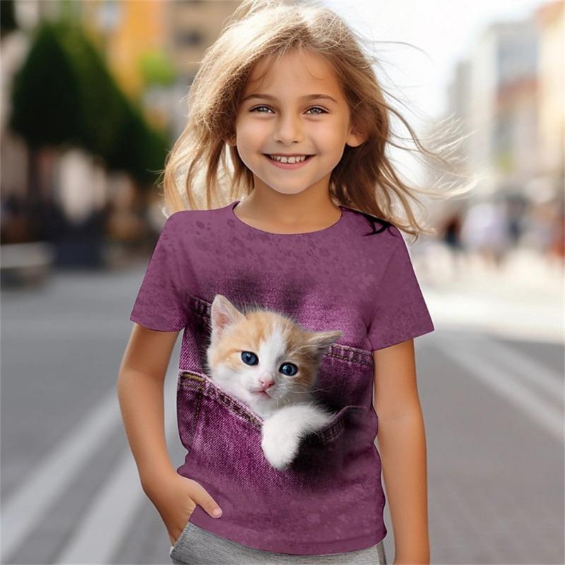 Abbigliamento per Bambini Ragazza T-shirt Manica Corta Stampa Gatto Cartone Animato 3D Vestiti Estivi per Bambini Moda Carina Abbigliamento per Ragazze Top in Poliestere