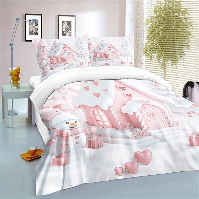 3 st julmönstrat lapptäcke set Rosa snögubbe sängkläder romantisk vinter pepparkakshus design mjuk sovrumsinredning hjärtmönster