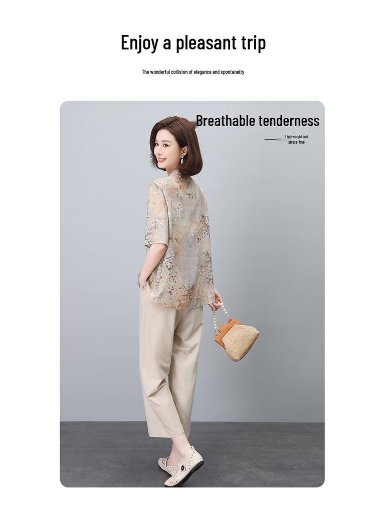 2024 Letní Dámský Národní Styl Bavlněno-Lněný Dvoudílný Set pro Křivky