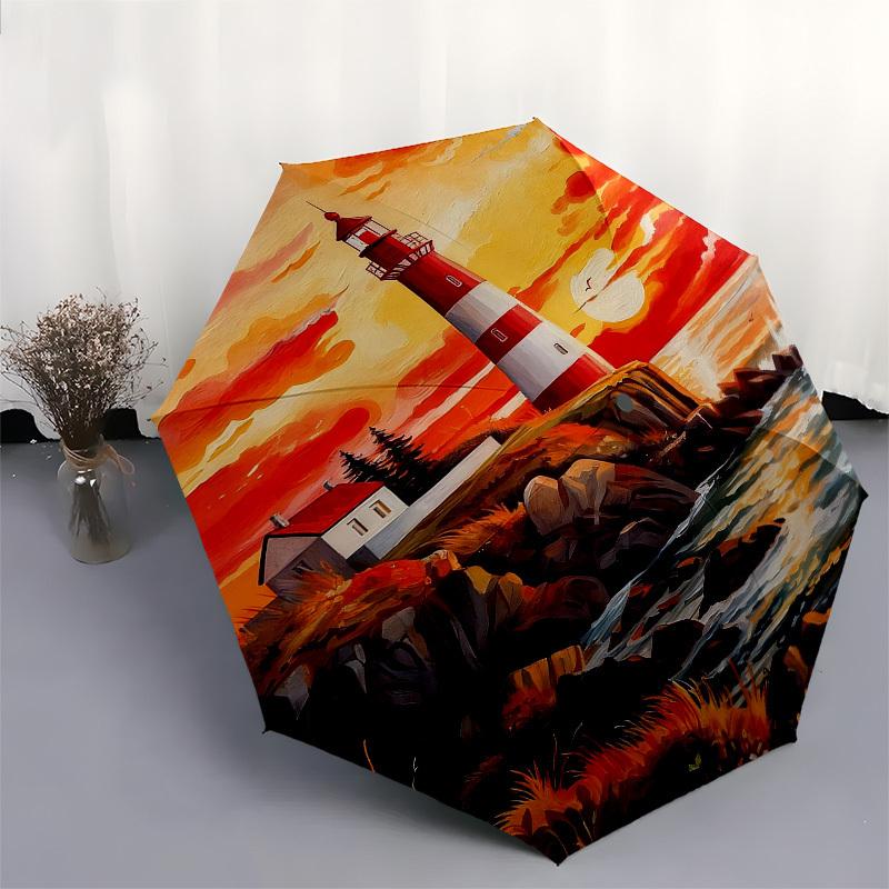 1pc Lighthouse Sunset Automatic Folding Umbrella, Heavy Duty 8 Rib Iron Frame,  Suitable for Travel, Daily Use, Birthday, Decor Gift M0105113