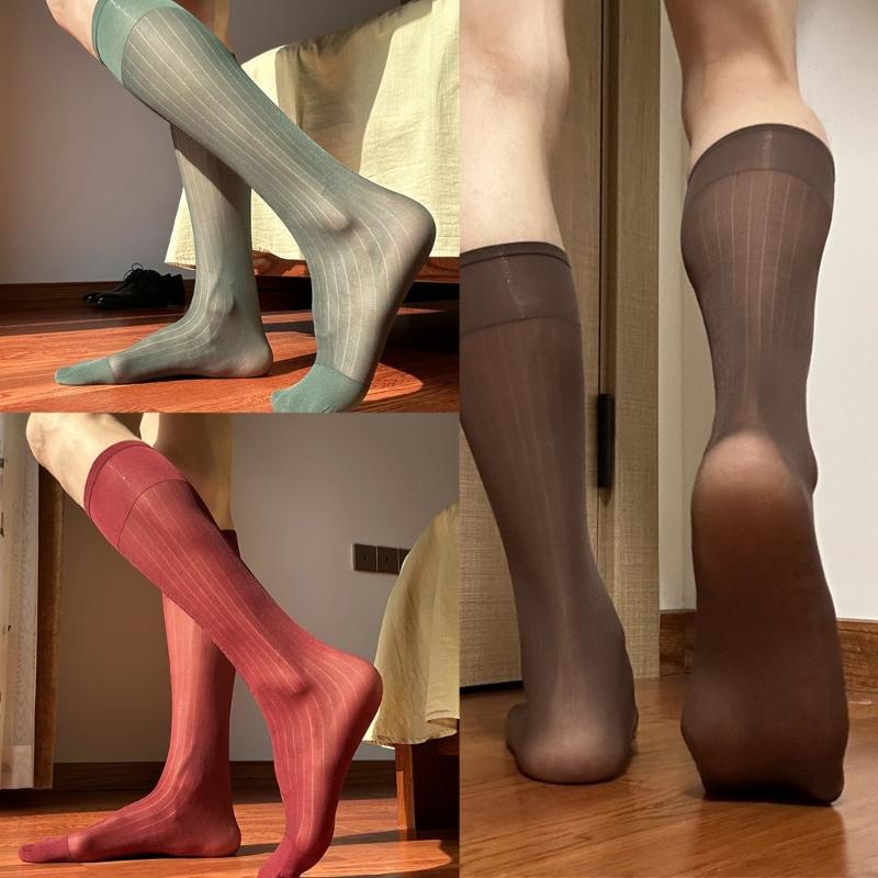 Mens Nylon Sheer Suit Socks Business Dress Socks Elastic Wide Striped See Through Formal Dress Over the Calf Stockings