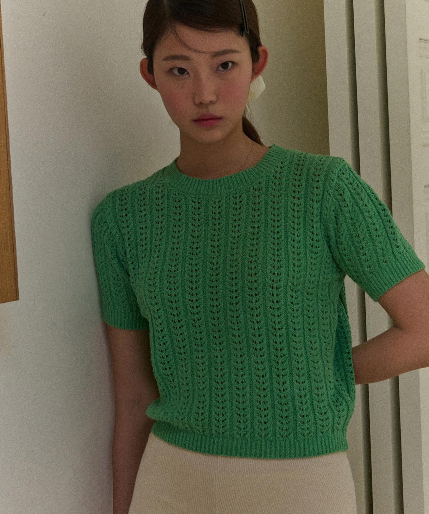 Place Studio Striped Soft Round Neck Crop Short Sleeve Knit Top [Green] Green/Free
