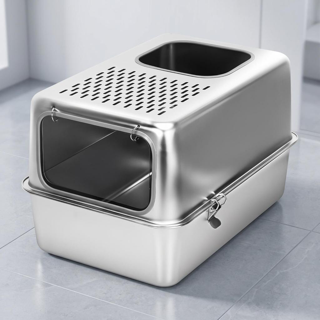 Enclosed Cat Litter Box Scratch-Resistant Stainless Steel Pet Supply