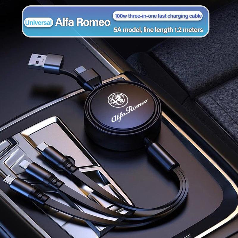 Keychain Car Charger Head 3 In 1 Charging Data Cable USB Type-C Auto Accessorie For Alfa Romeo 4C 159 166 Spider Giulia 156 147