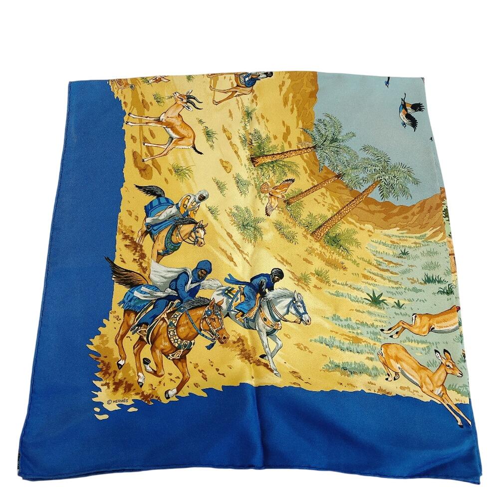 Hermes African Animal Pattern Silk Calle 90 Scarf Blue Silk Used