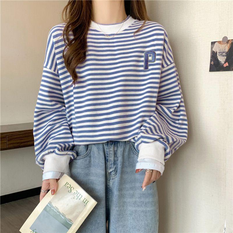 Long Sleeve Striped Hoodie Women Loose Casual Lazy Style Top