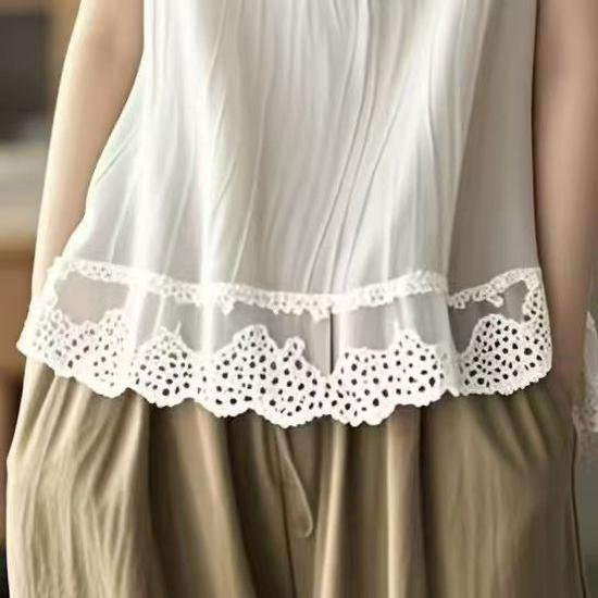Women's Plus Size Cotton Linen Lace Hem Camisole Vest (2026 Spring/Summer) - Tummy Covering Sleeveless Top