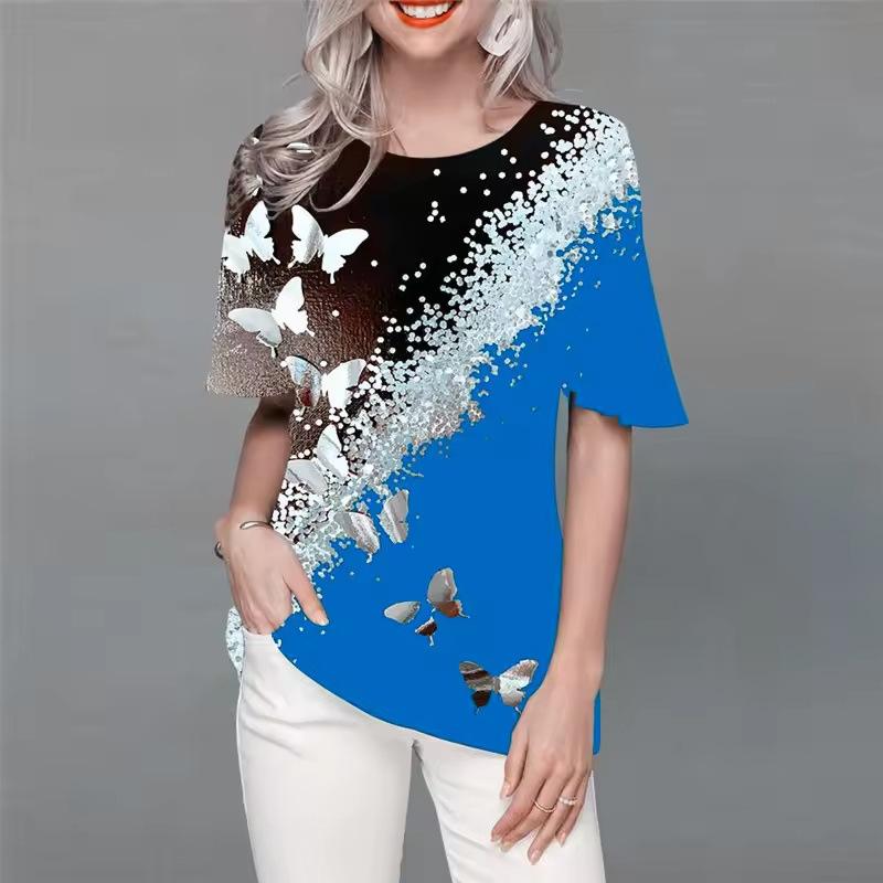 

3D Gradient Printed Casual Round Neck Short Sleeved Top with Butterfly Pattern Printed Women s T-shirts 6XL