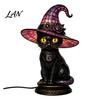 Fantasy Cat Shaped Table Lamp Black Witch Hat Lamp, with Dreamy Purple Light, Pink Ambient Desk Light Gothic Retro Halloween Ornament, for Bedroom