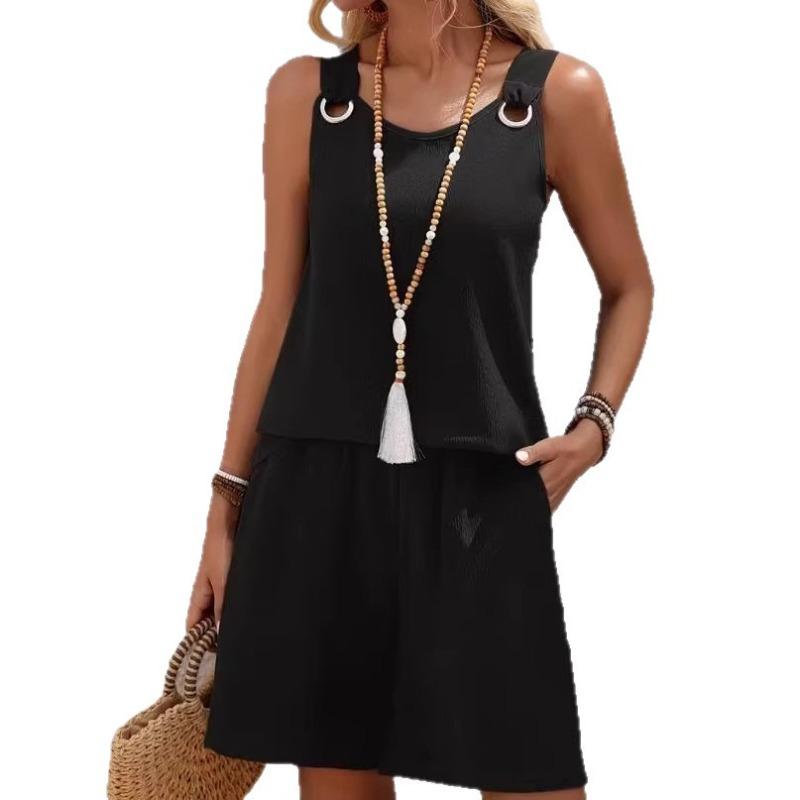 Western Spring Summer Fall New Solid Color Craft Fabric Double Pocket Sleeveless Top and Shorts, Vacation Style Elegant Casual Set
