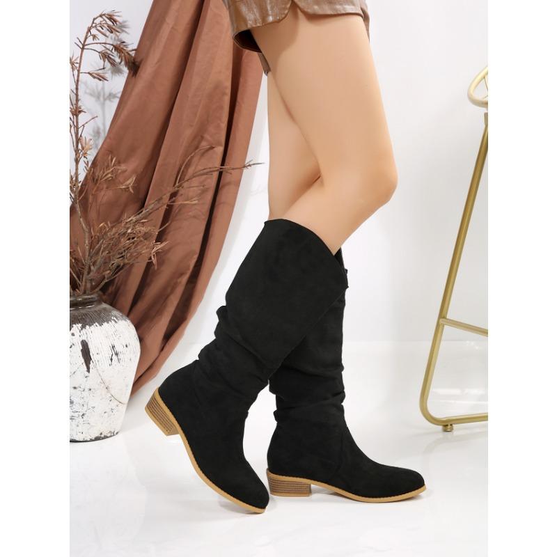 Damen Herbst/Winter Neu Übergröße Runde Zehenpartie Unifarben Ärmel Langstiefel Plissiertes Wildleder Martin-Stiefel