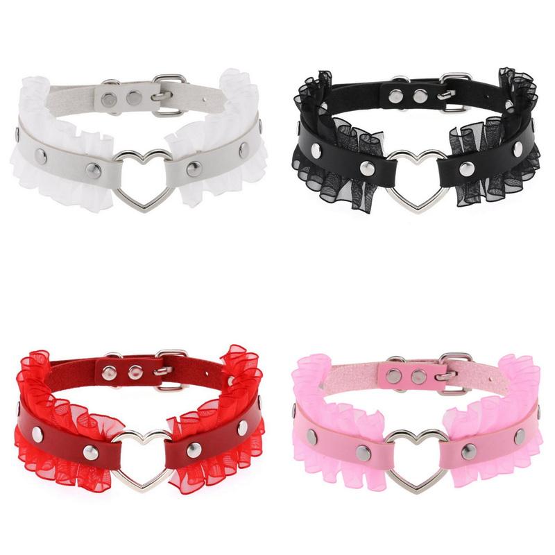 Lace Ruffle Heart Choker Necklace Gothic PU Leather Collar for Women Harajuku Jewelry