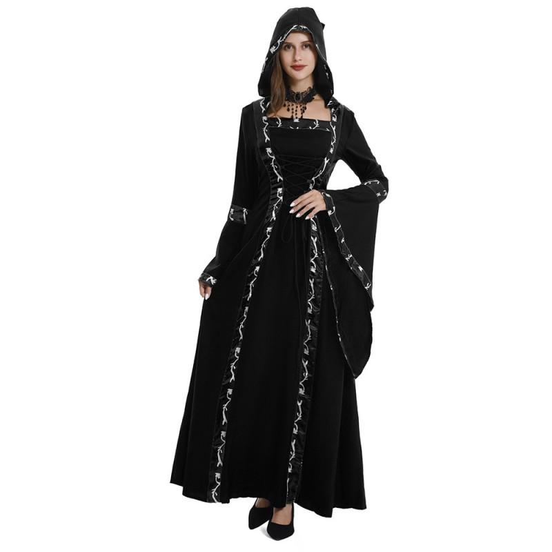 Medieval Gothic Hooded Dress With Square Neck Tie Front Flared Sleeve Full Skirt Costume Halloween Stage Performance